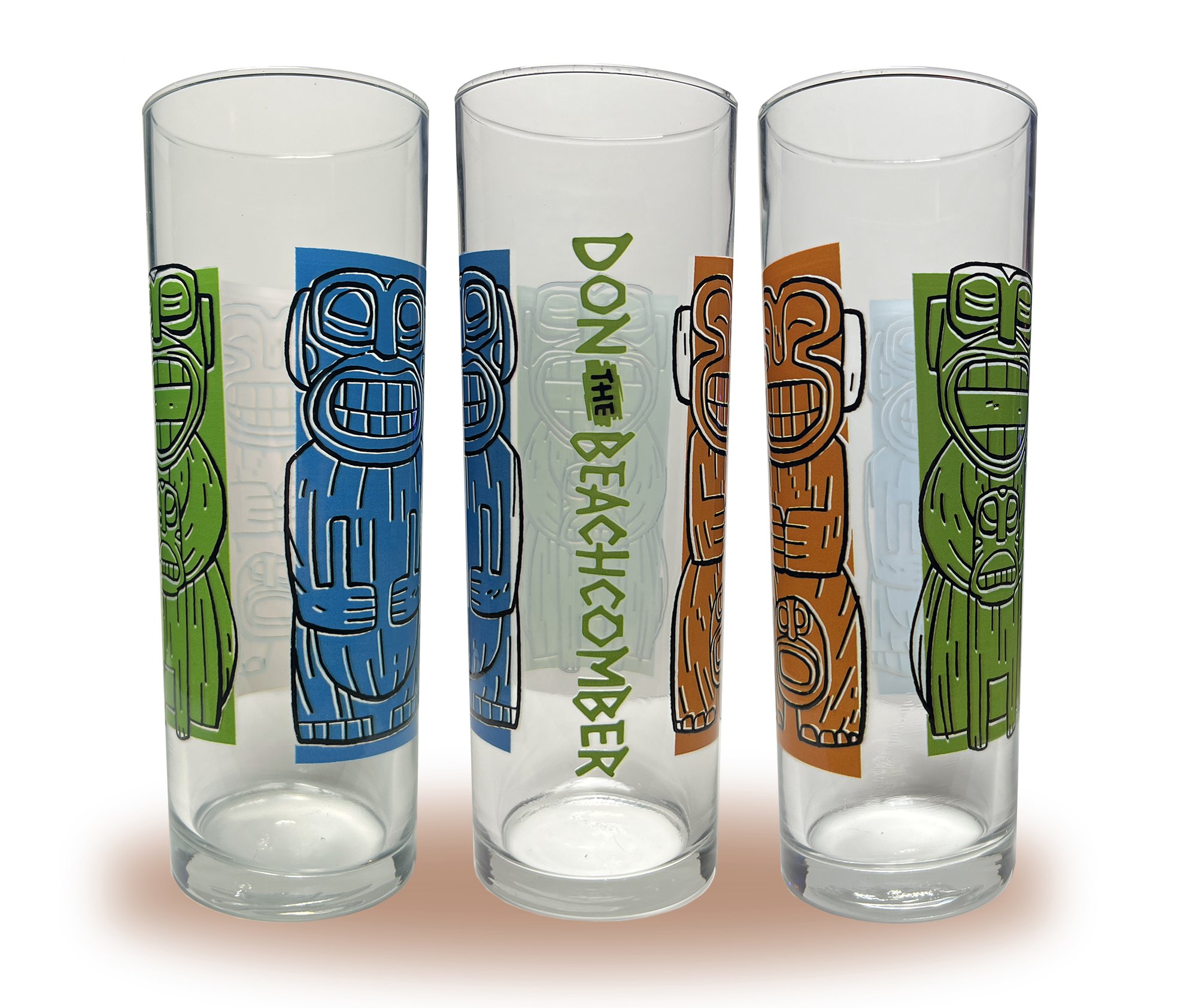 A Zombie glass with three cannibal figures colored orange, green, and blue next to “Don the Beachcomber” written on the side.
