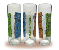 A Zombie glass with three cannibal figures colored orange, green, and blue next to “Don the Beachcomber” written on the side.