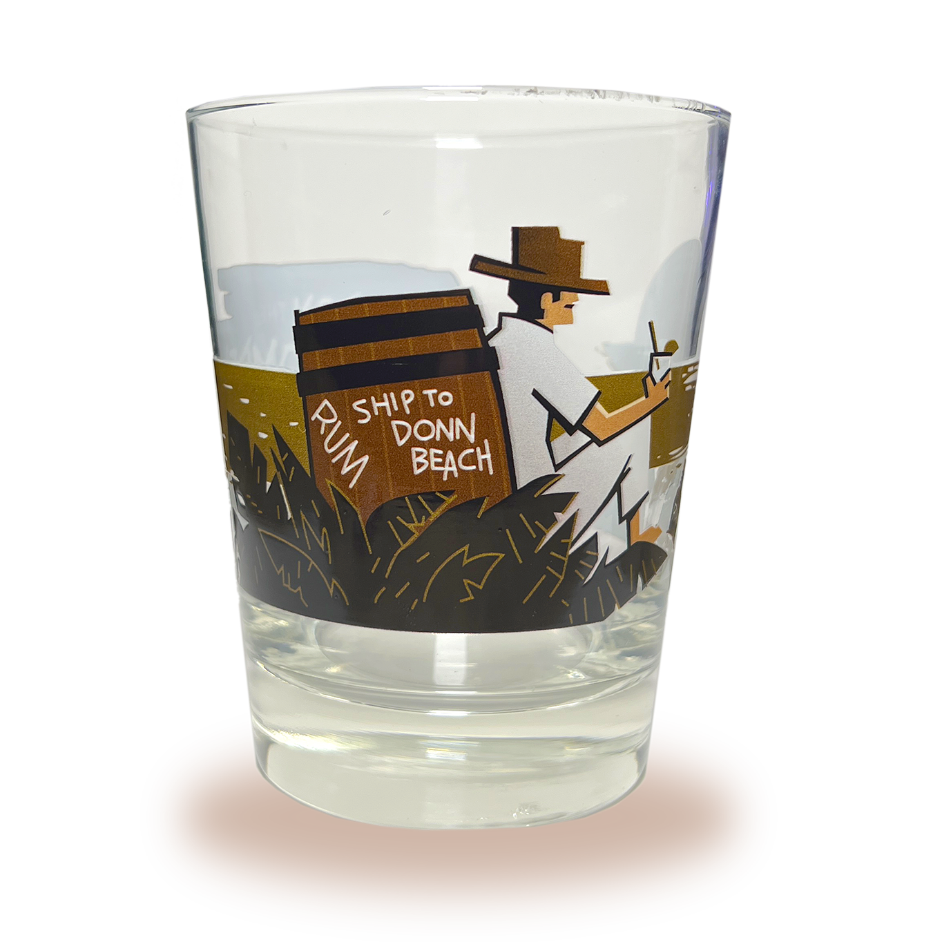 A Mai Tai glass with Donn Beach leaning on a rum barrel on a beach that says “rum ship to Donn Beach” on one side and the Don the Beachcomber Logo on the other side.