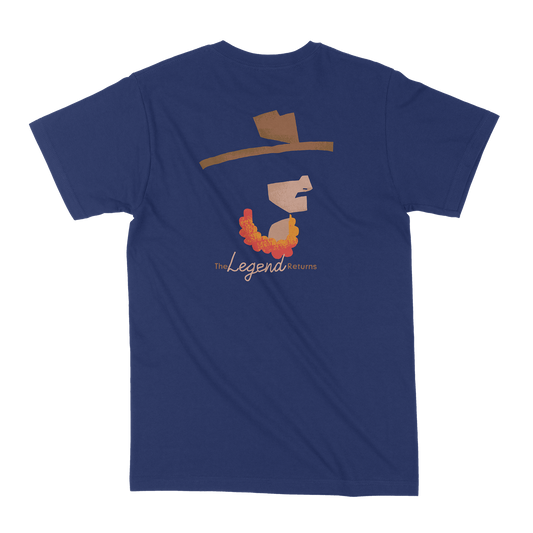 Navy blue T-Shirt with “DTB” logo printed on the left front chest, and a silhouette bust of Donn Beach on the center back with “The Legend Returns” written under the silhouette.