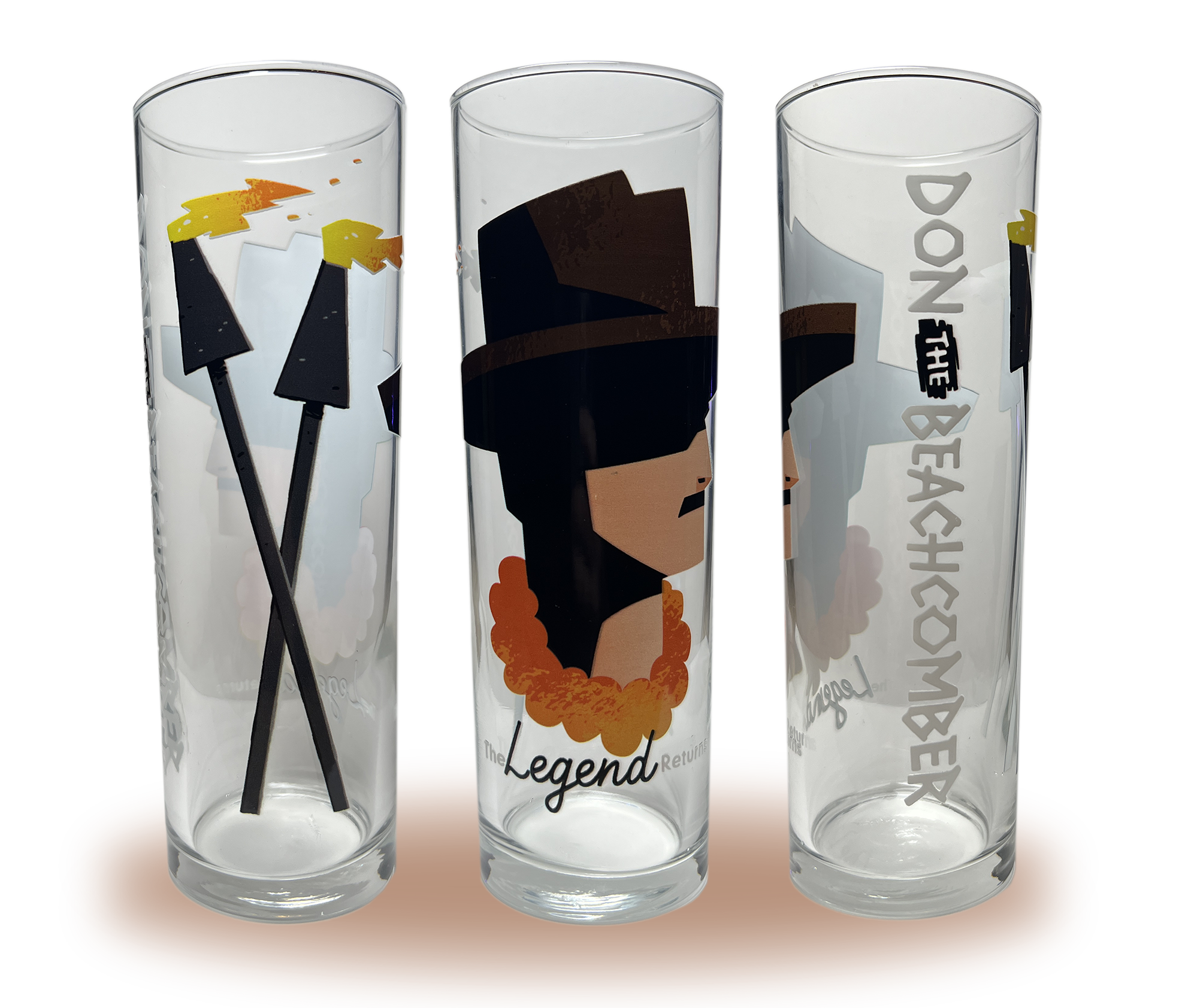 A Zombie glass with a silhouette bust of Donn Beach with “The Legend Returns” written below. “Don the Beachcomber” written on the side and tiki torches on the other side.