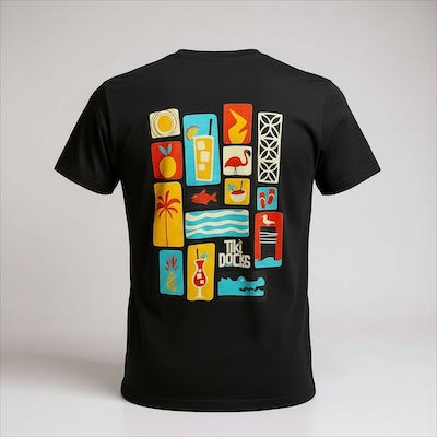 Tiki Docks - Collage, Mosaic Unisex Tee Shirt in Black